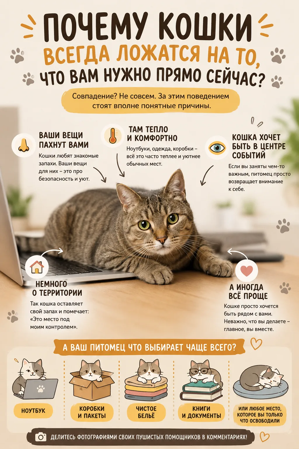 Почему кошки всегда ложатся на то, что вам нужно прямо сейчас? 😸

Только открыли ноутбук для работы