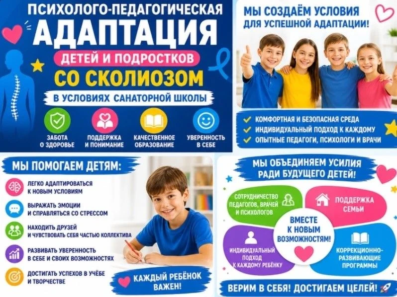🔥✨ ПСИХОЛОГО-ПЕДАГОГИЧЕСКАЯ АДАПТАЦИЯ ДЕТЕЙ И ПОДРОСТКОВ СО СКОЛИОЗОМ ✨🔥
🏫 В УСЛОВИЯХ САНАТОРНОЙ 