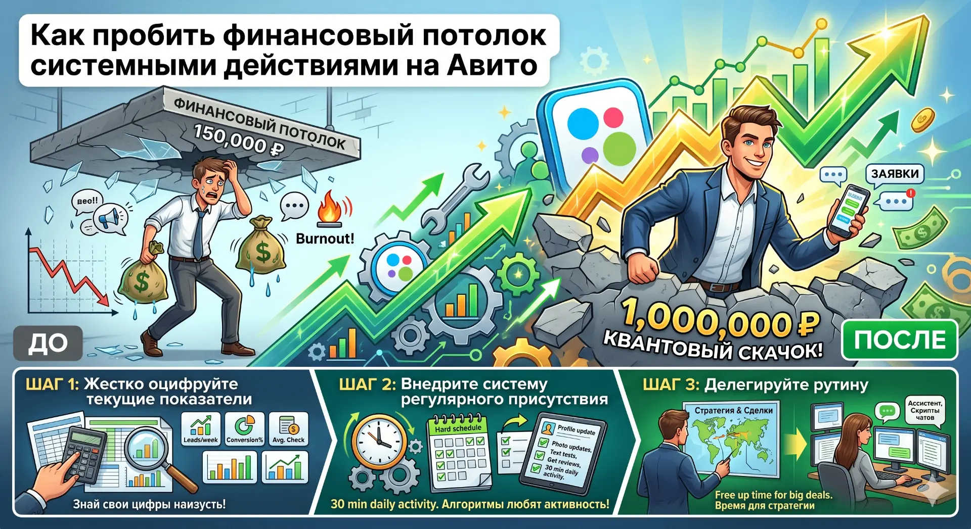 Как пробить финансовый потолок системными действиями на Авито

Очень часто в бесконечной погоне за с