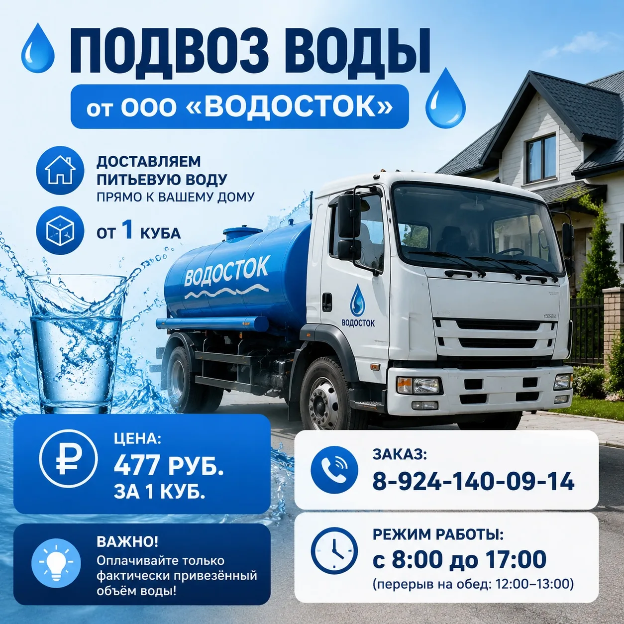 💧 Подвоз воды от ООО «Водосток»! Мы доставляем питьевую воду прямо к вашему дому — от 1 куба.

Цена