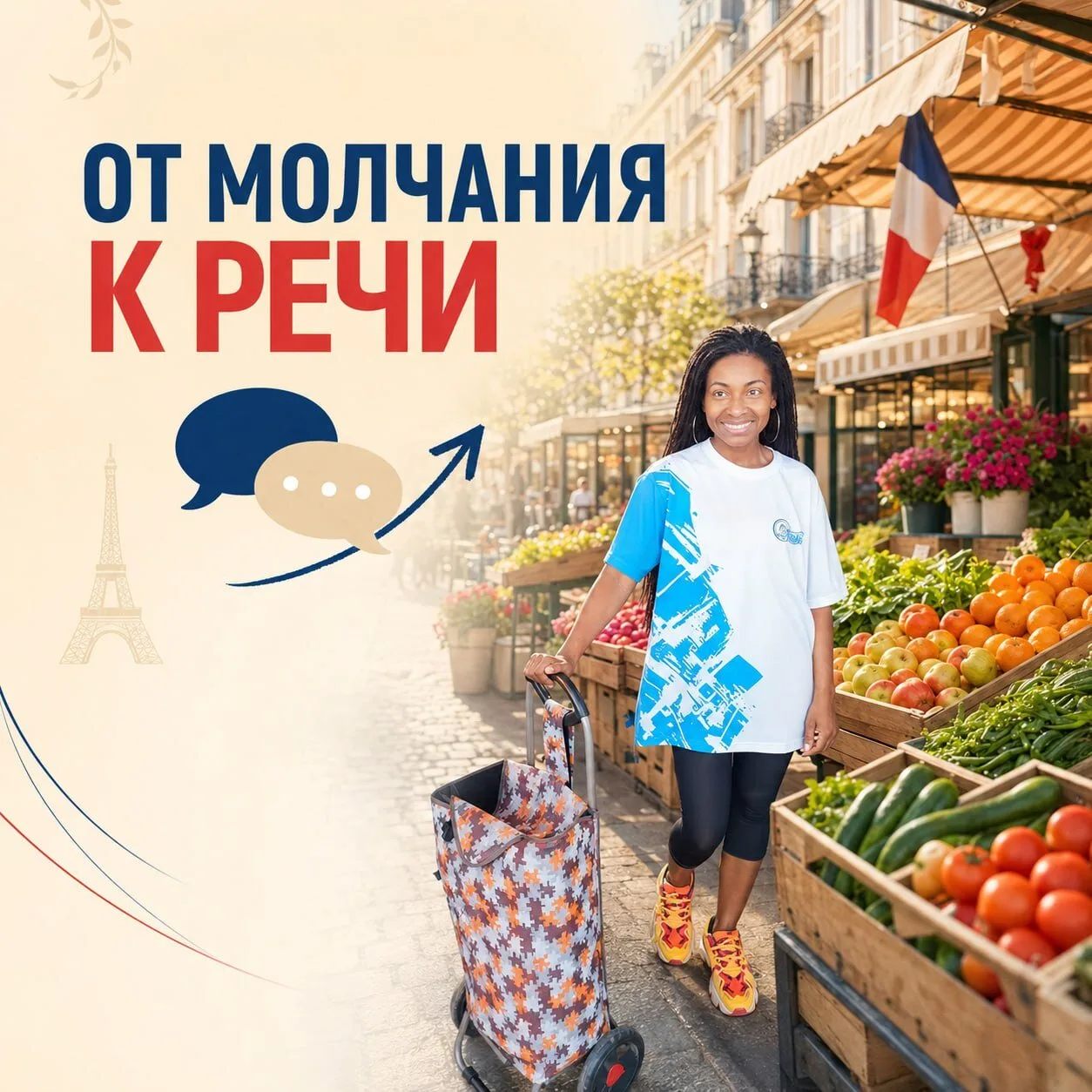 🛒 Париж. Виктория стоит у прилавка на рынке.

Продавец что-то говорит.
Она улыбается.
Он говорит ещ