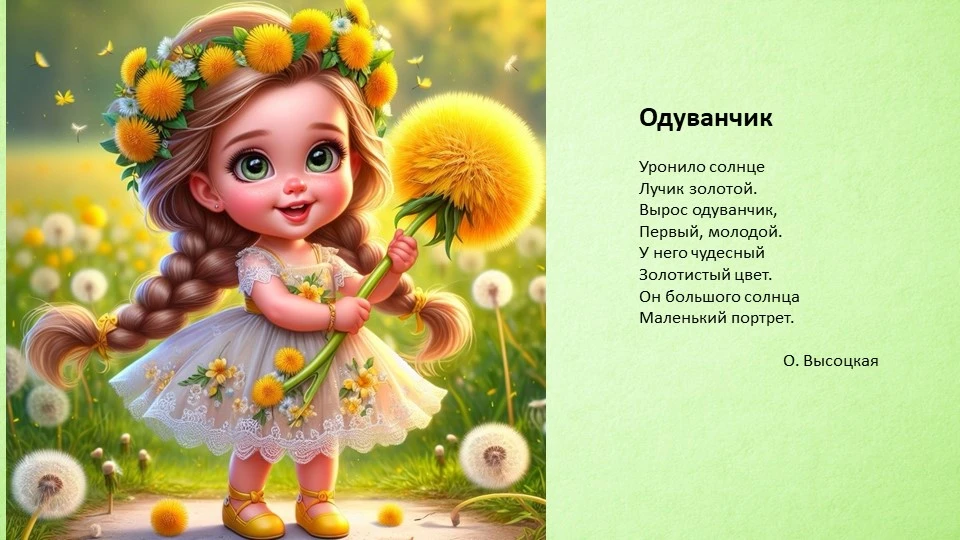 "Всемирный день одуванчика". 

🏵️🐝🌷🌿🦋🐝🐞💐
Уронило солнце
Лучик золотой.
Вырос одуванчик,
Перв