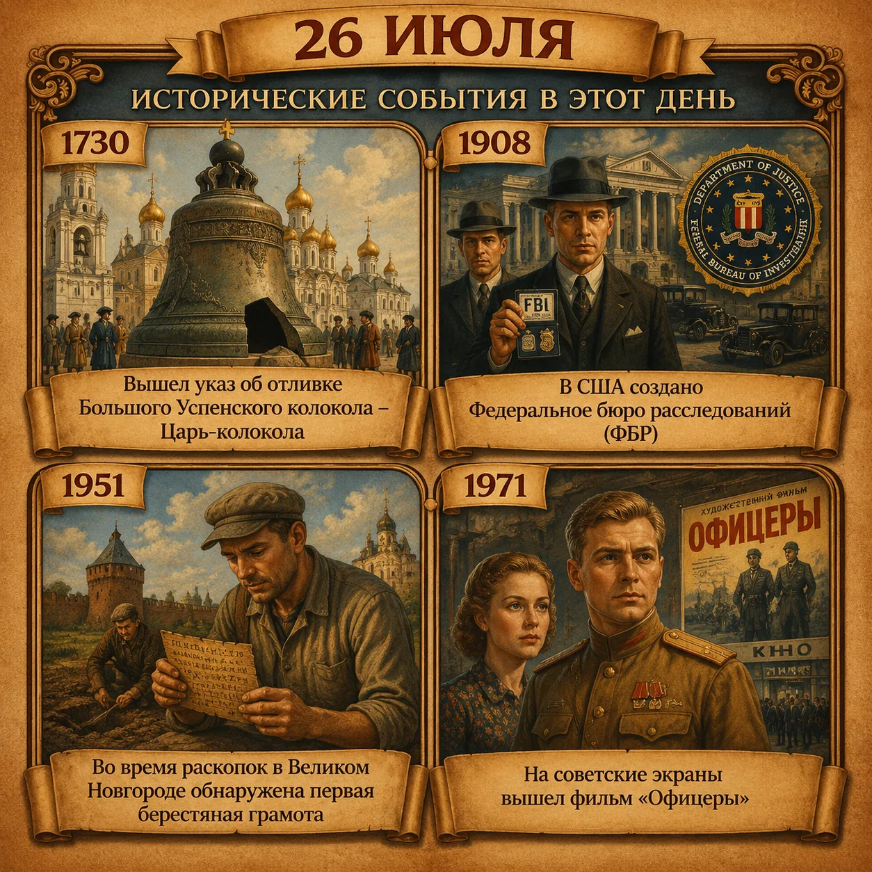 🗓События произошедшие 26 июля:

1730 - Вышел указ об отливке Большого Успенского колокола – Царь-ко