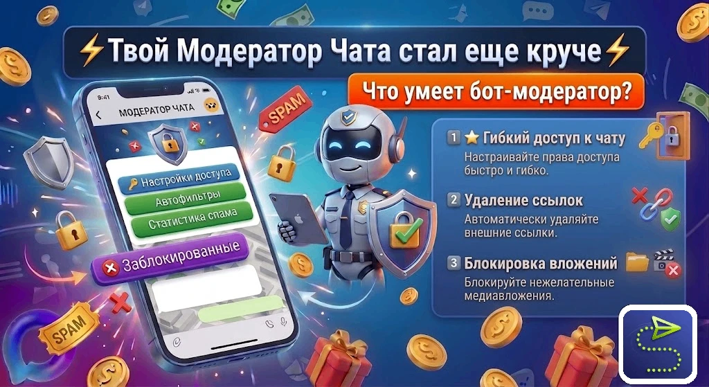 ⚡Твой Модератор Чата стал еще круче⚡

Что умеет бот-модератор?

⭐️ Гибкий доступ к чату
Как и раньше