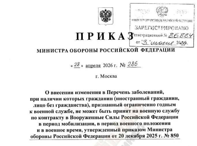 Опубликован Приказ МОРФ от 28.04.2026 № 286 - воодящий новый перечень противопоказаний для службы по