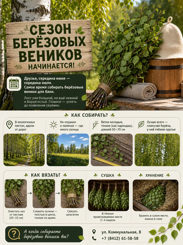 🌿 СЕЗОН БЕРЁЗОВЫХ ВЕНИКОВ НАЧИНАЕТСЯ!
Друзья, середина июня — середина июля. Самое время собирать б