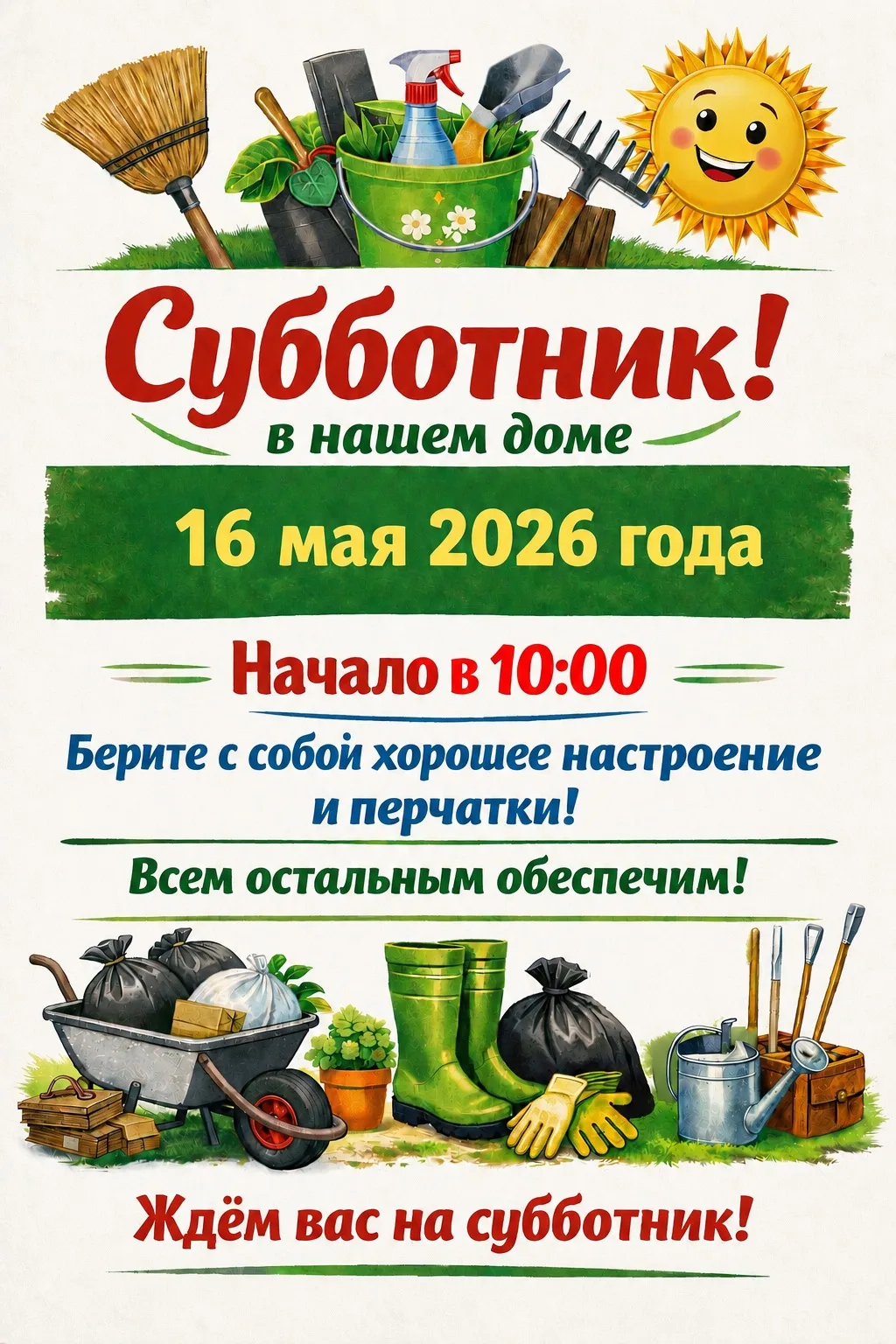 Уважаемые жители домов 19, 31, 33, 41 и 42!

Приглашаем всех на большой весенний субботник, который 
