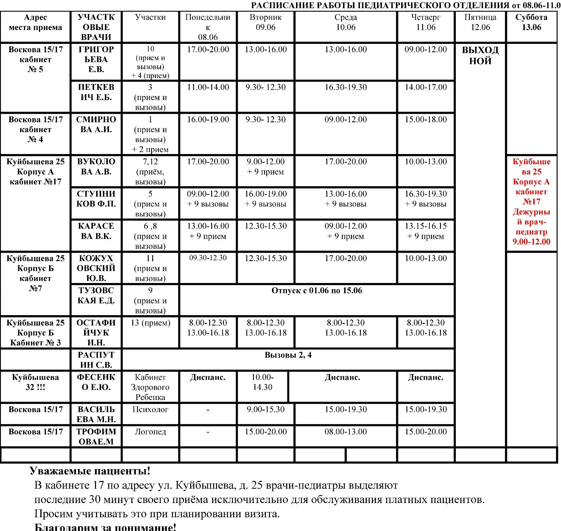 РАСПИСАНИЕ РАБОТЫ ПЕДИАТРИЧЕСКОГО ОТДЕЛЕНИЯ от 08.06-11.06

мы ВКонтакте https://vk.ru/dgp19 
наш са