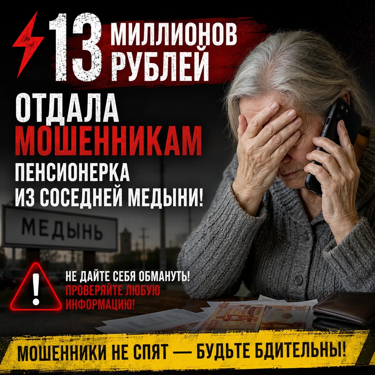 ⚡️ Пенсионерка из Медыни отдала мошенникам 13 миллионов рублей.

Три месяца женщину обрабатывали лже