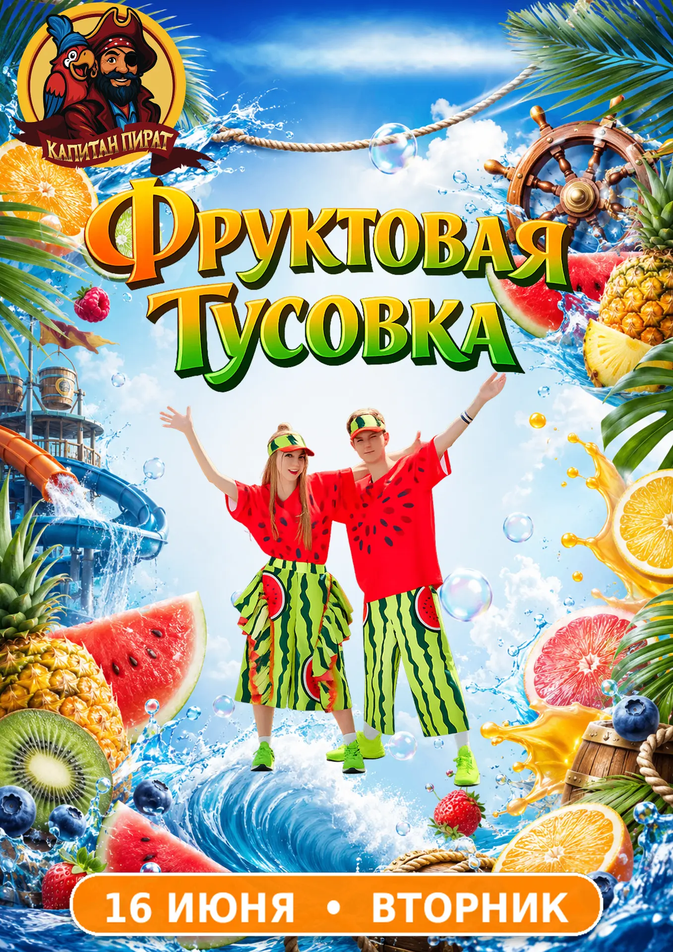 🍉 Фруктовая тусовка в «Капитан Пират»

16 июня в аквапарке будет сочный летний день для всей семьи:
