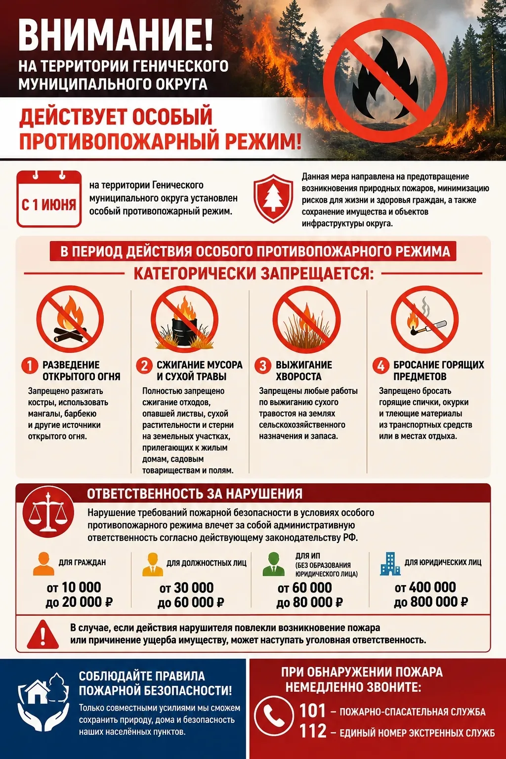 🔥🚒 ВНИМАНИЕ! На территории Генического муниципального округа действует особый противопожарный режи