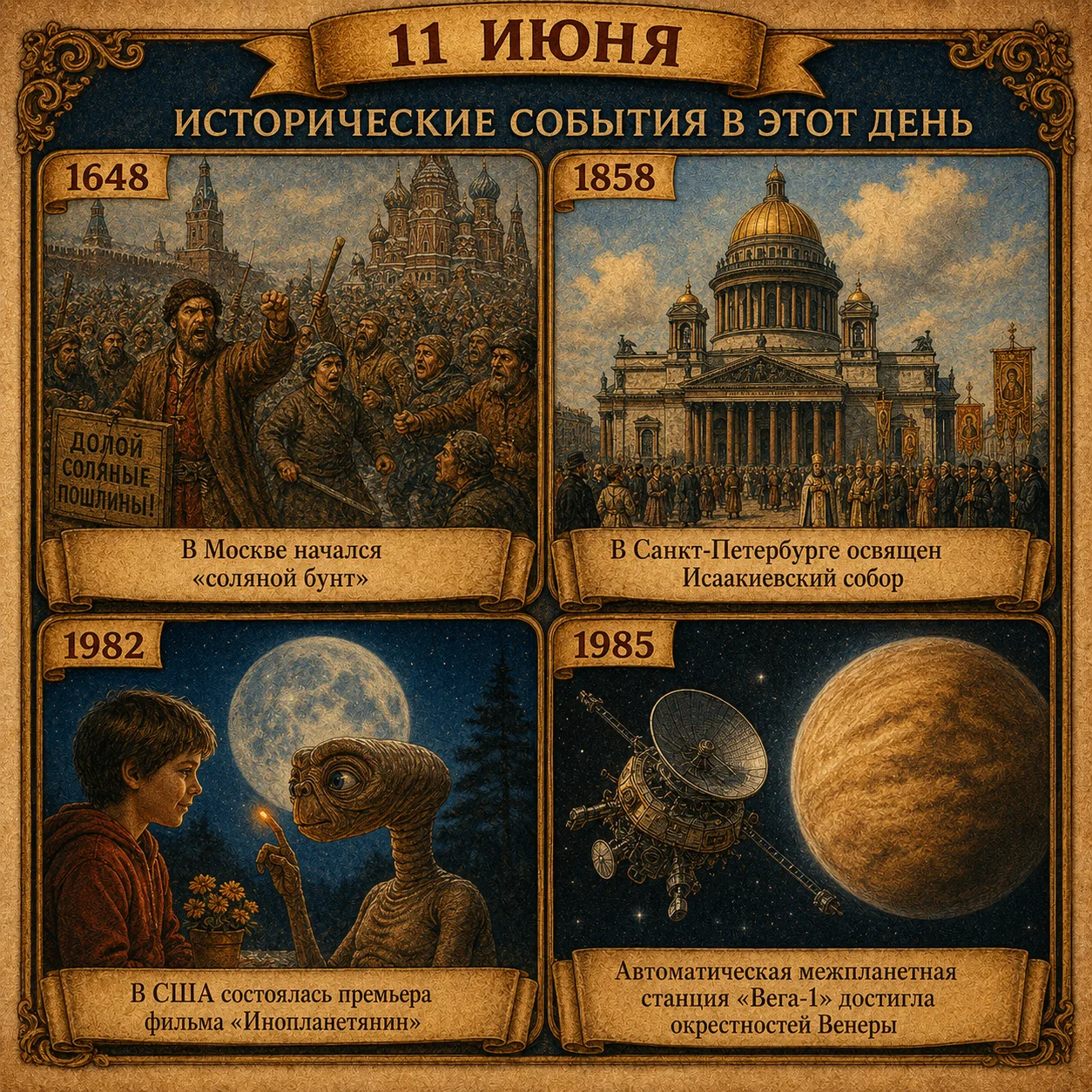 🗓События произошедшие 11 июня:

1648 - В Москве начался «соляной бунт»

1858 - В Санкт-Петербурге о