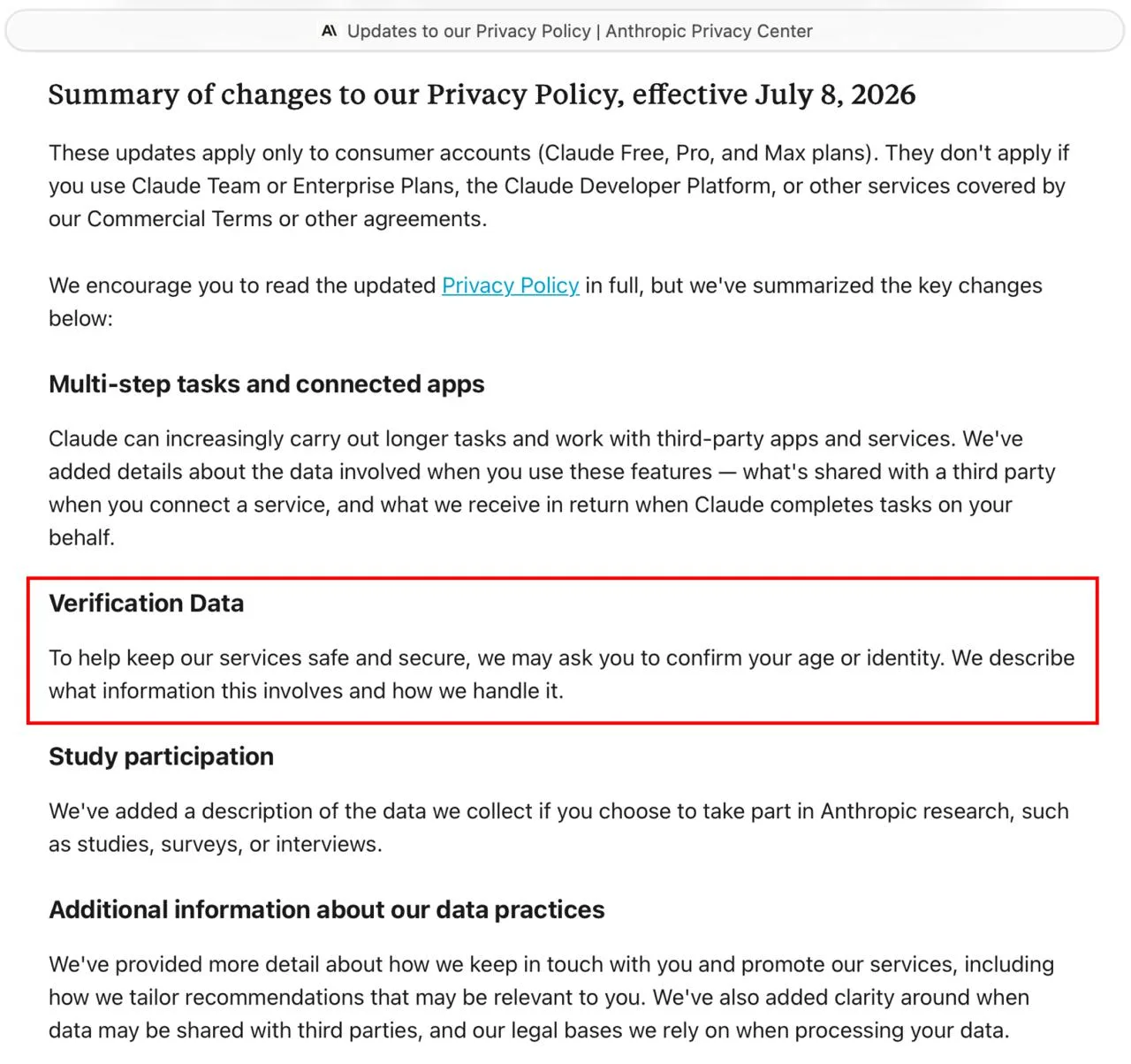 🤬 В Claude может появиться проверка личности

Anthropic обновили политику конфиденциальности для та