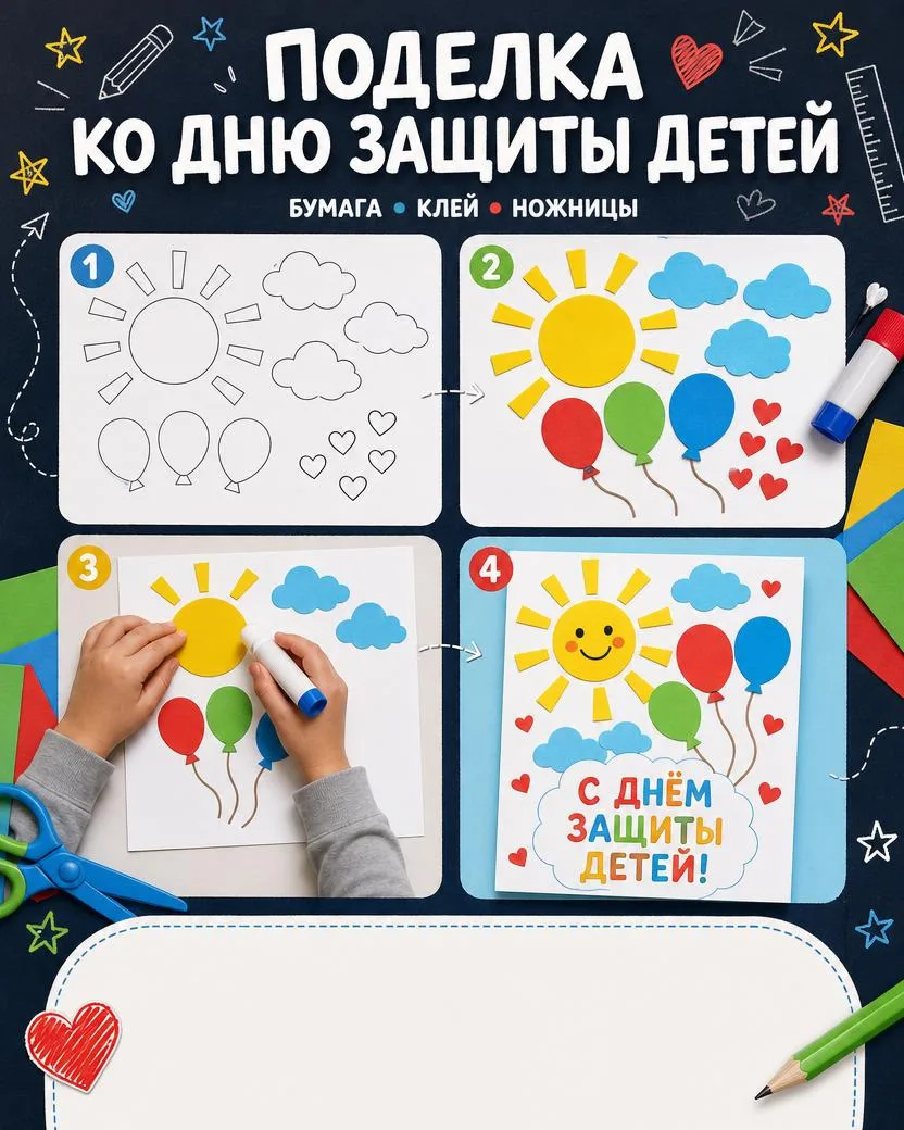 Поделка ко Дню защиты детей ☀️🎈

Яркая открытка из цветной бумаги — простая идея для школьников и р