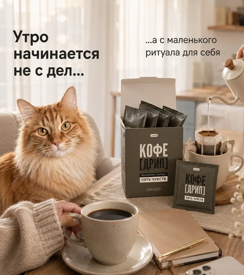 Персик одобряет утро, которое начинается не с суеты, а с аромата ☕🐾 EWA КОФЕ ДРИП “Пять чувств” - э