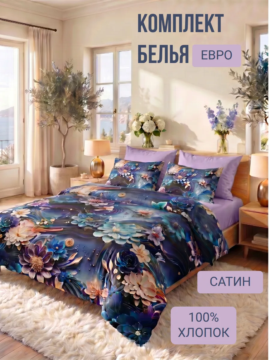 Погрузитесь в атмосферу спокойствия и комфорта с нашим комплектом евро-размера, выполненным из 100% 