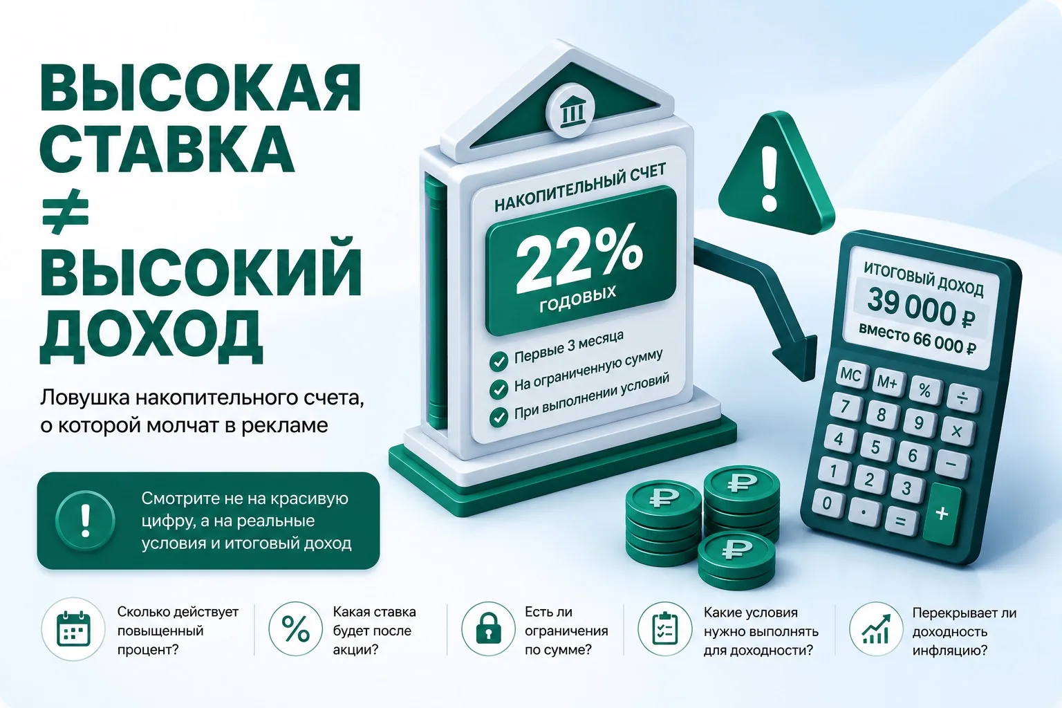 Высокая  ставка еще не значит высокий доход.

Увидели рекламу накопительного счета под 20–22% годовы