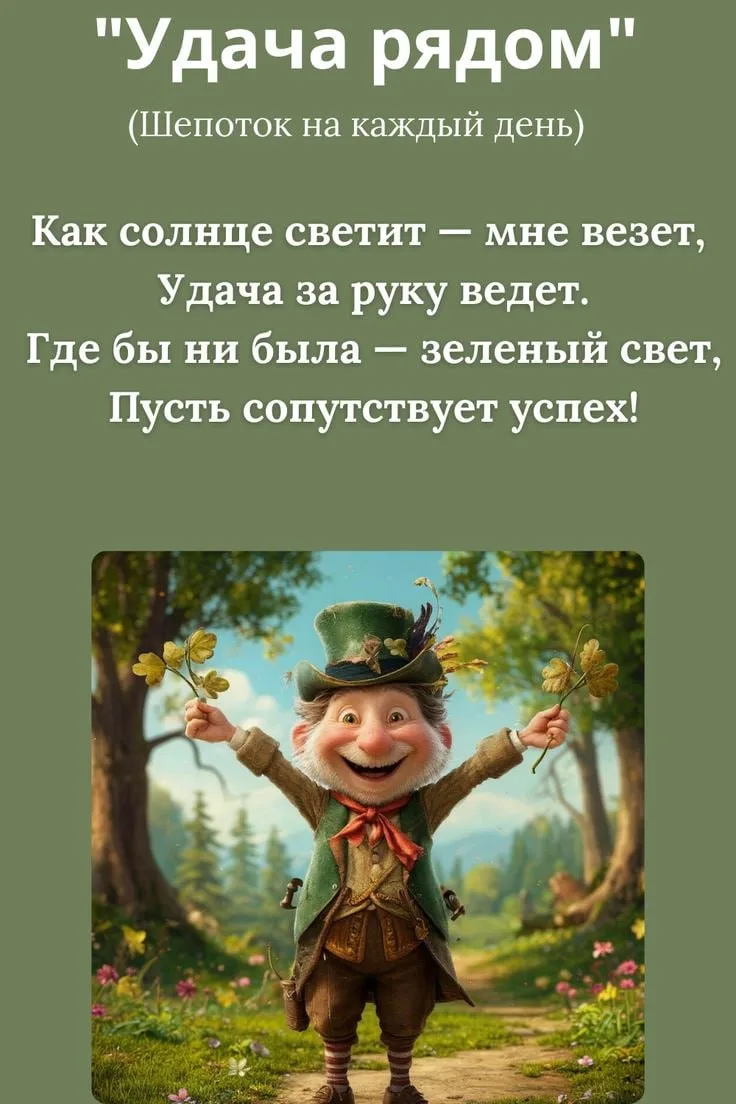 Шепоток на удачу и везение 🍀

Каждый день говорите такие слова:
Как солнце светит - мне везет, Удач