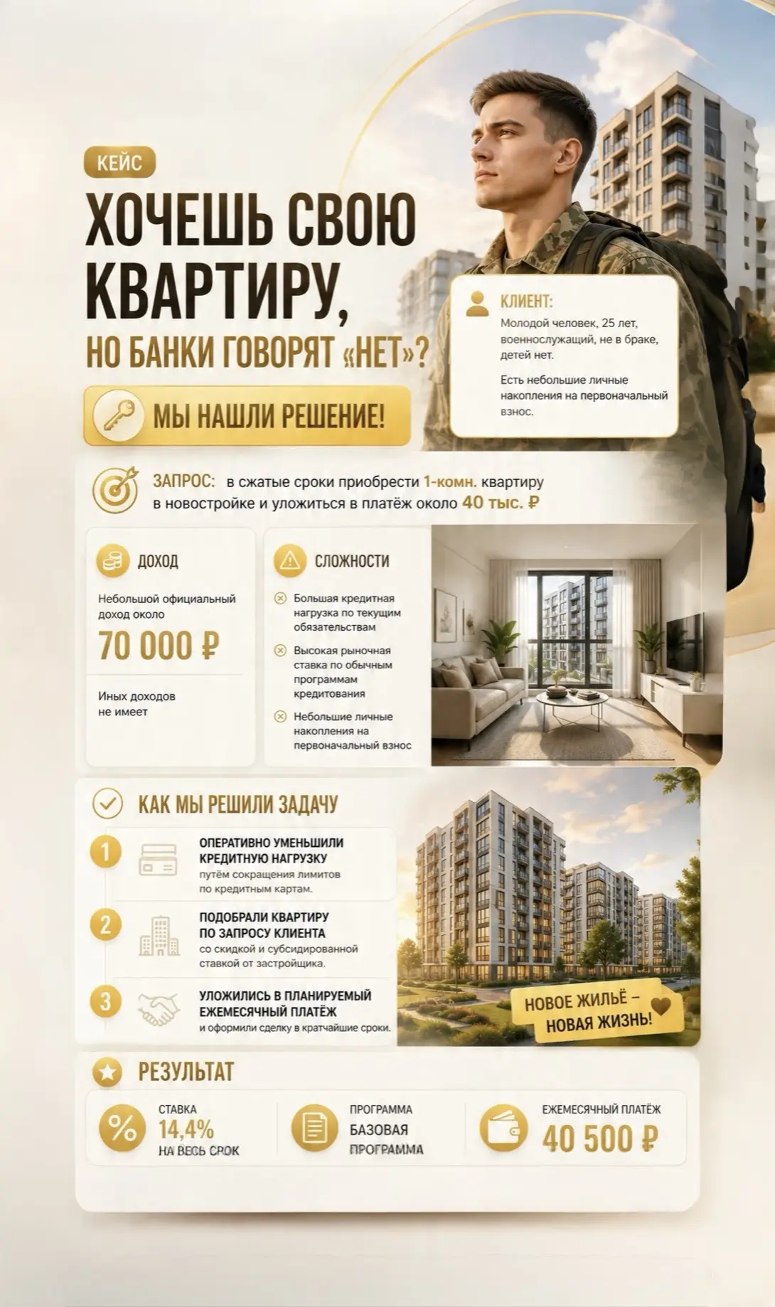 ❌ «Зарабатываю не так много, семейная ипотека не подходит, военная тоже. О квартире можно забыть?»

