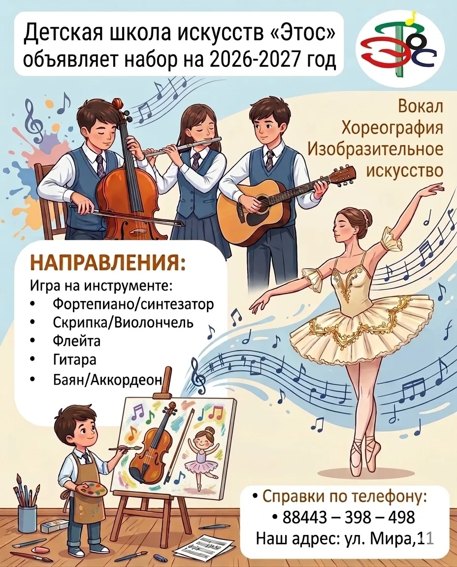🎹💃🎨Детская школа искусств "Этос" приглашает на обучение по направлениям:
✅фортепиано
✅скрипка 
✅в