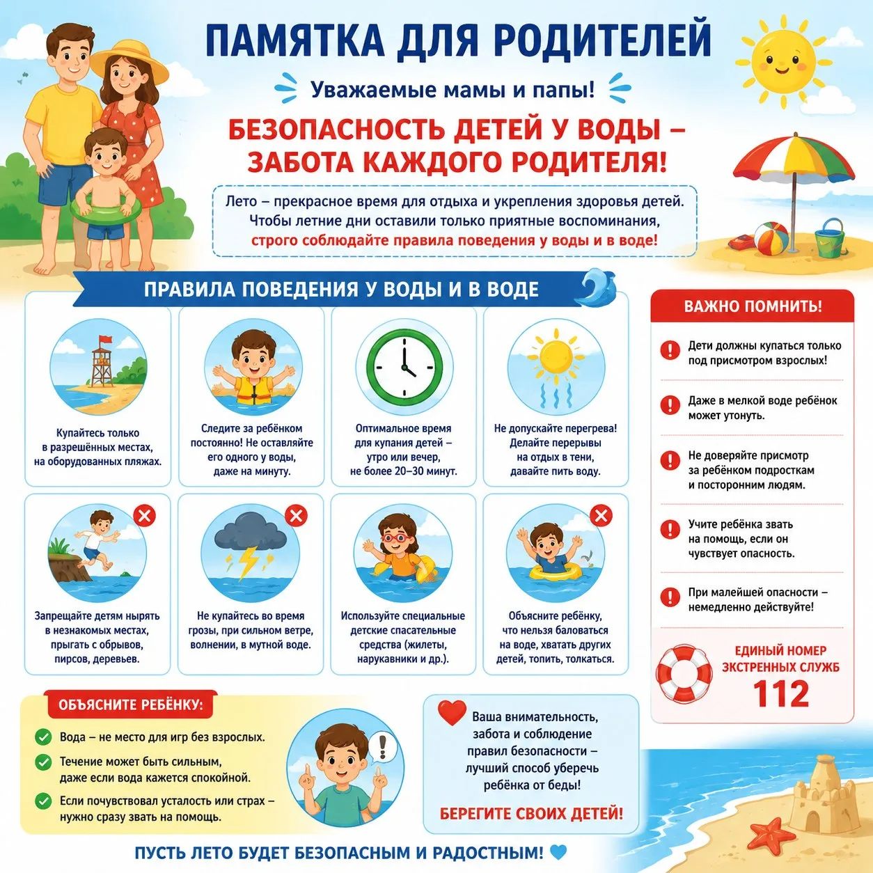 🚣 Уважаемые родители! Лето — прекрасное время для отдыха, но у водоёмов требуется особая осторожнос