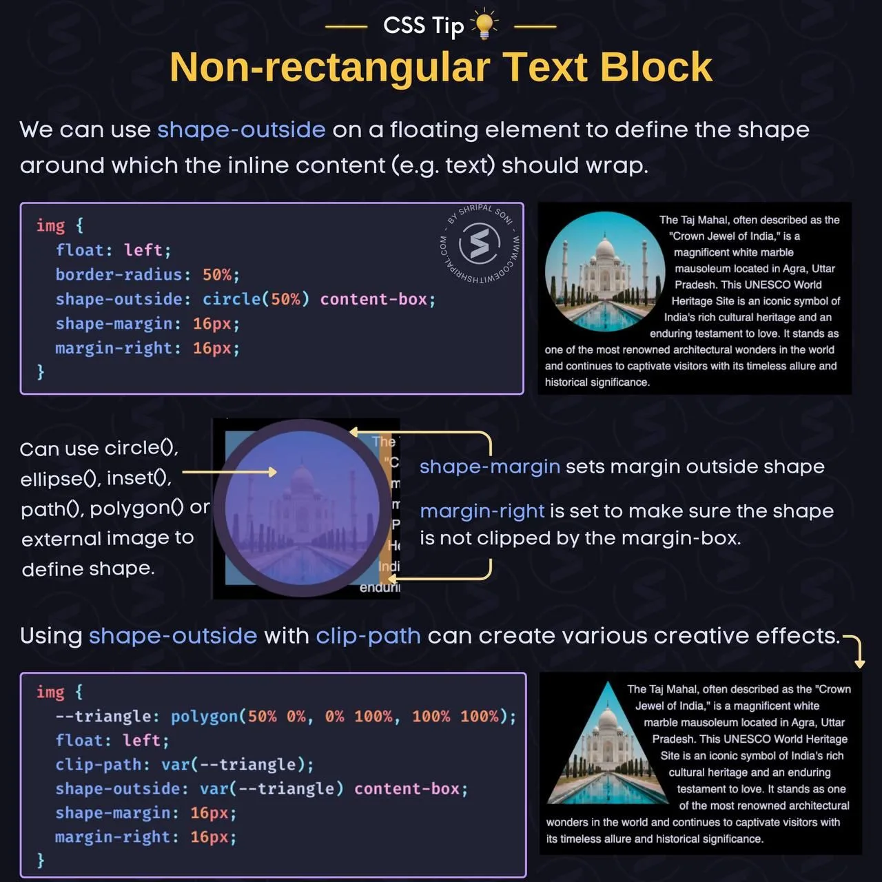 Совет по CSS 💡

Знаете ли вы о свойстве shape-outside в CSS? 

Demo https://www.codewithshripal.com