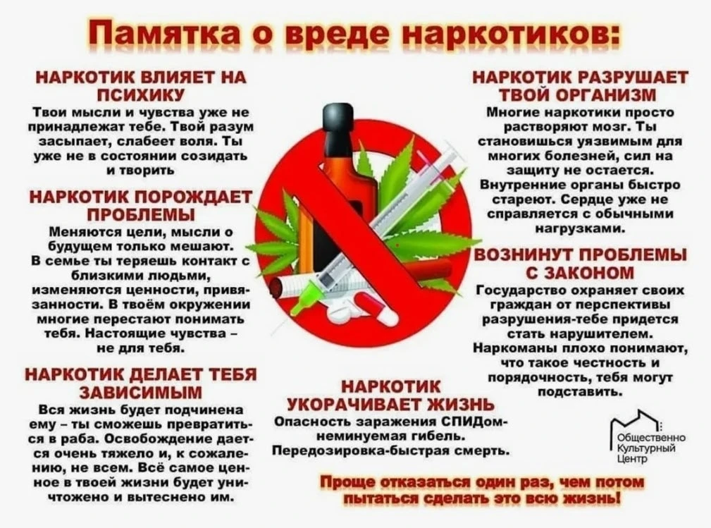 Памятка о вреде наркотиков
Наркотики – это вещества, способные вызывать состояние радостного опьянен