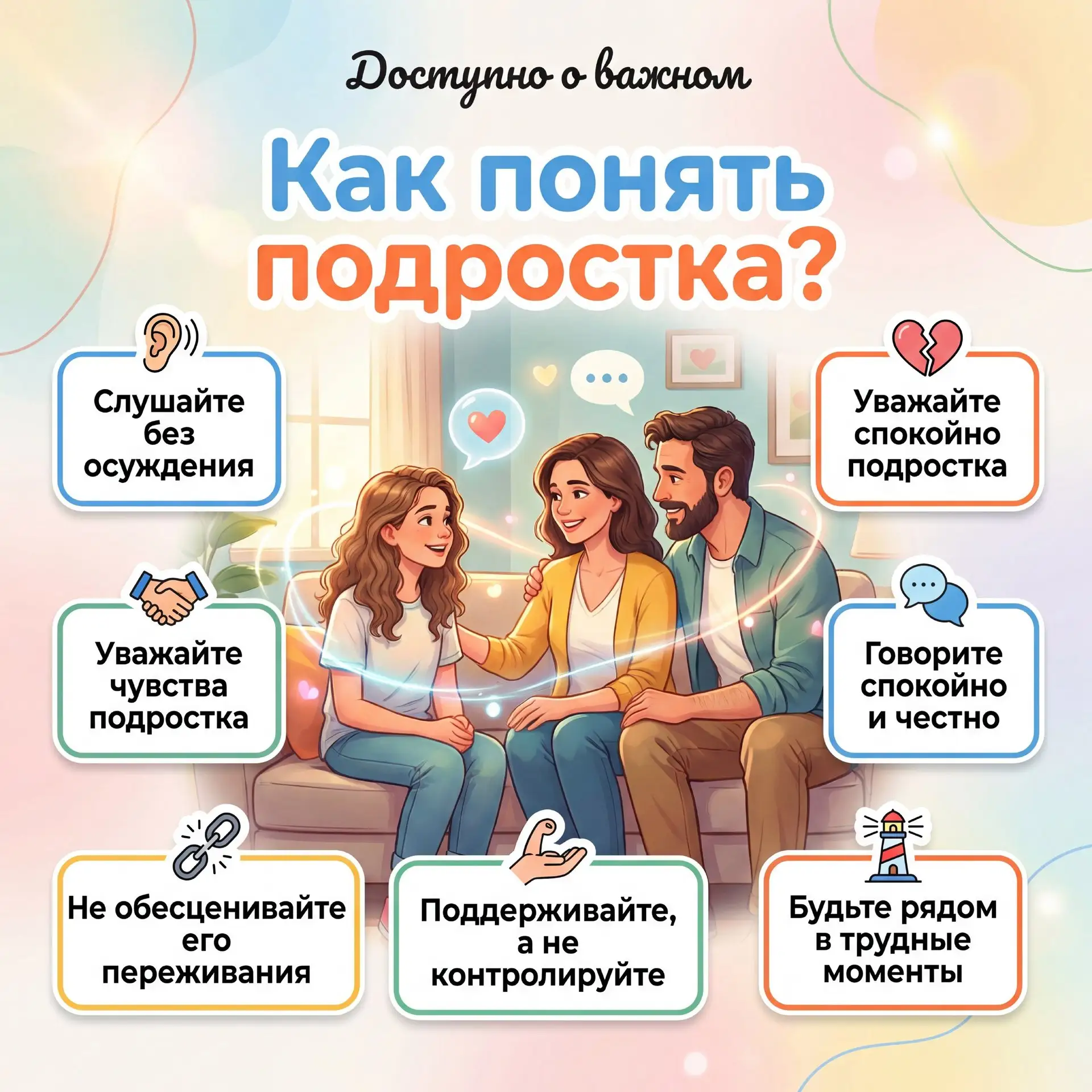 🌟 Как понять подростка? Вот несколько простых рекомендаций! 🌟

❤️ Лучшая связь — это понимание!
