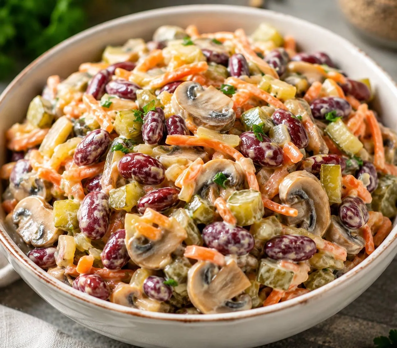 Вкусный, сытный и пикантный салат с приятным сочетанием грибов, фасоли и хрустящих маринованных огур