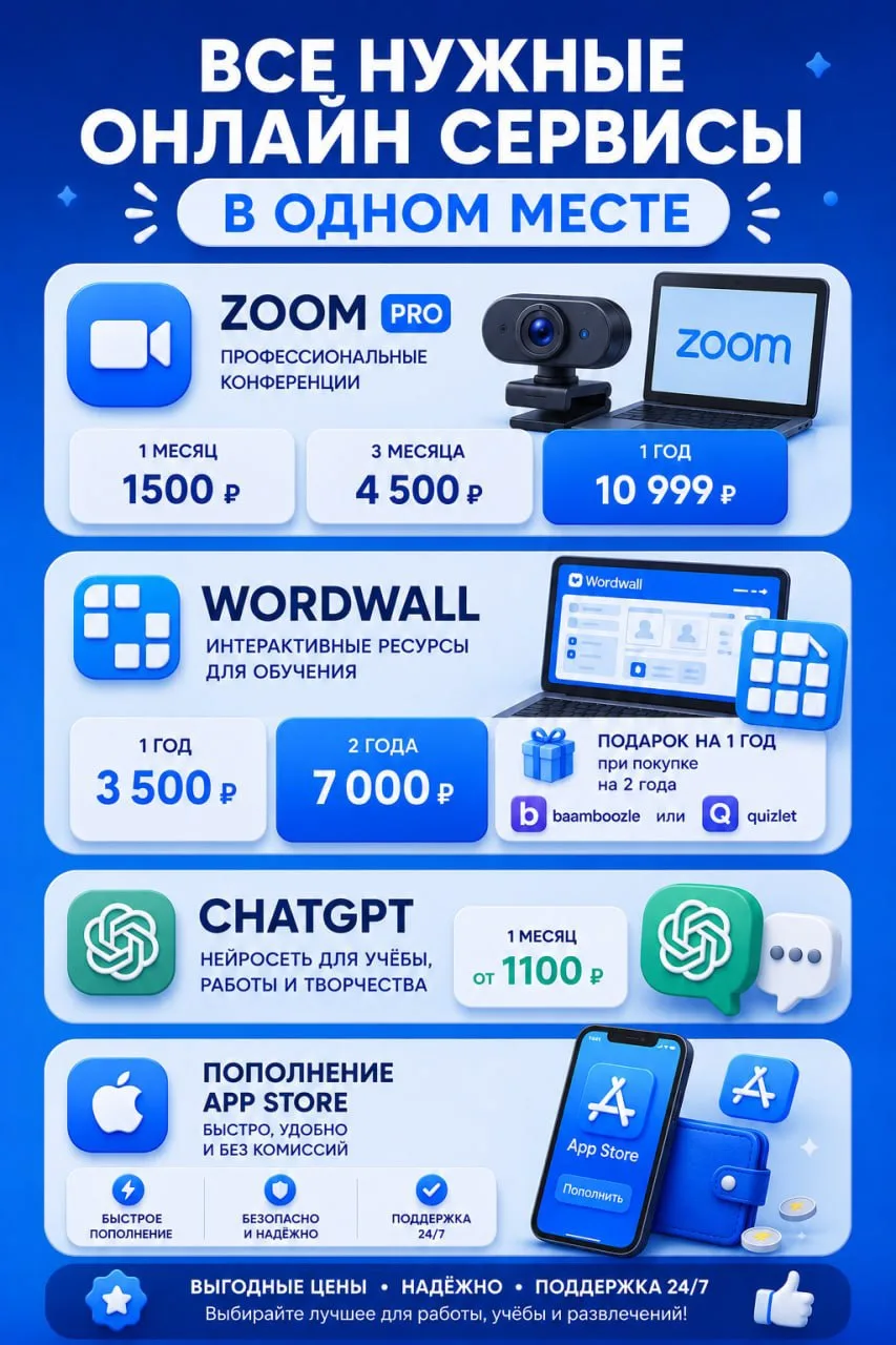 ✨ Подключаем популярные онлайн-сервисы для работы, учёбы и бизнеса — быстро, выгодно и с поддержкой.