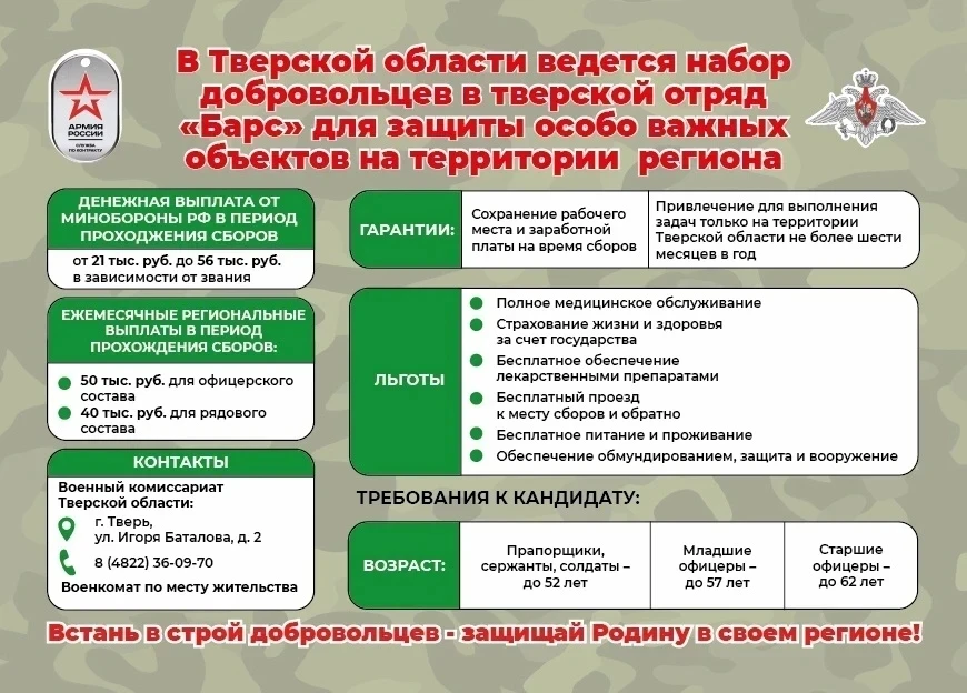 В Тверской области ведется набор добровольцев в отряд «БАРС» для защиты особо важных объектов в Верх