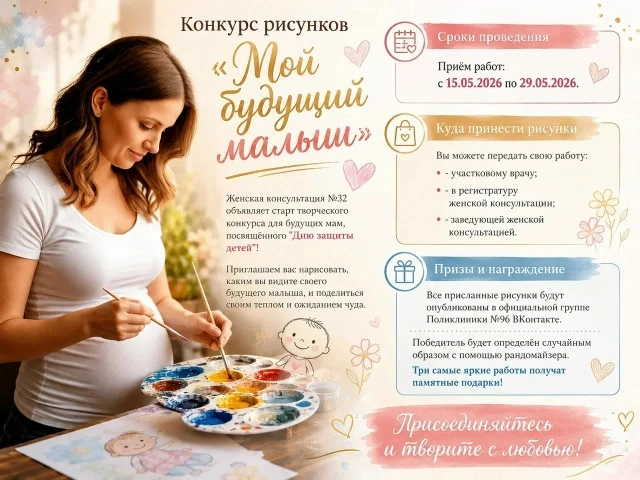 КОНКУРС РИСУНКОВ ДЛЯ БУДУЩИХ МАМ!
Женская консультация №32 объявляет старт творческого конкурса, пос