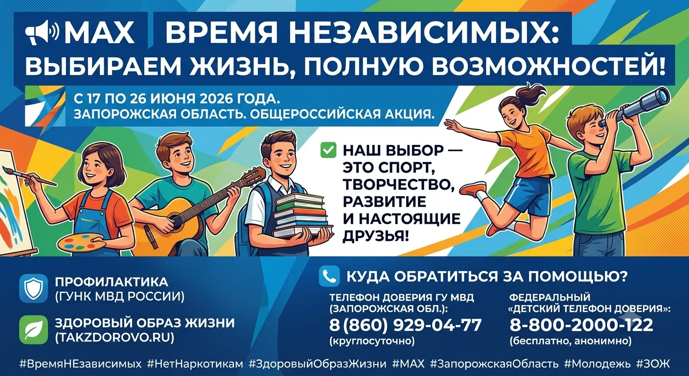 📢 Время НЕзависимых: выбираем жизнь, полную возможностей!
С 17 по 26 июня 2026 года в Запорожской о