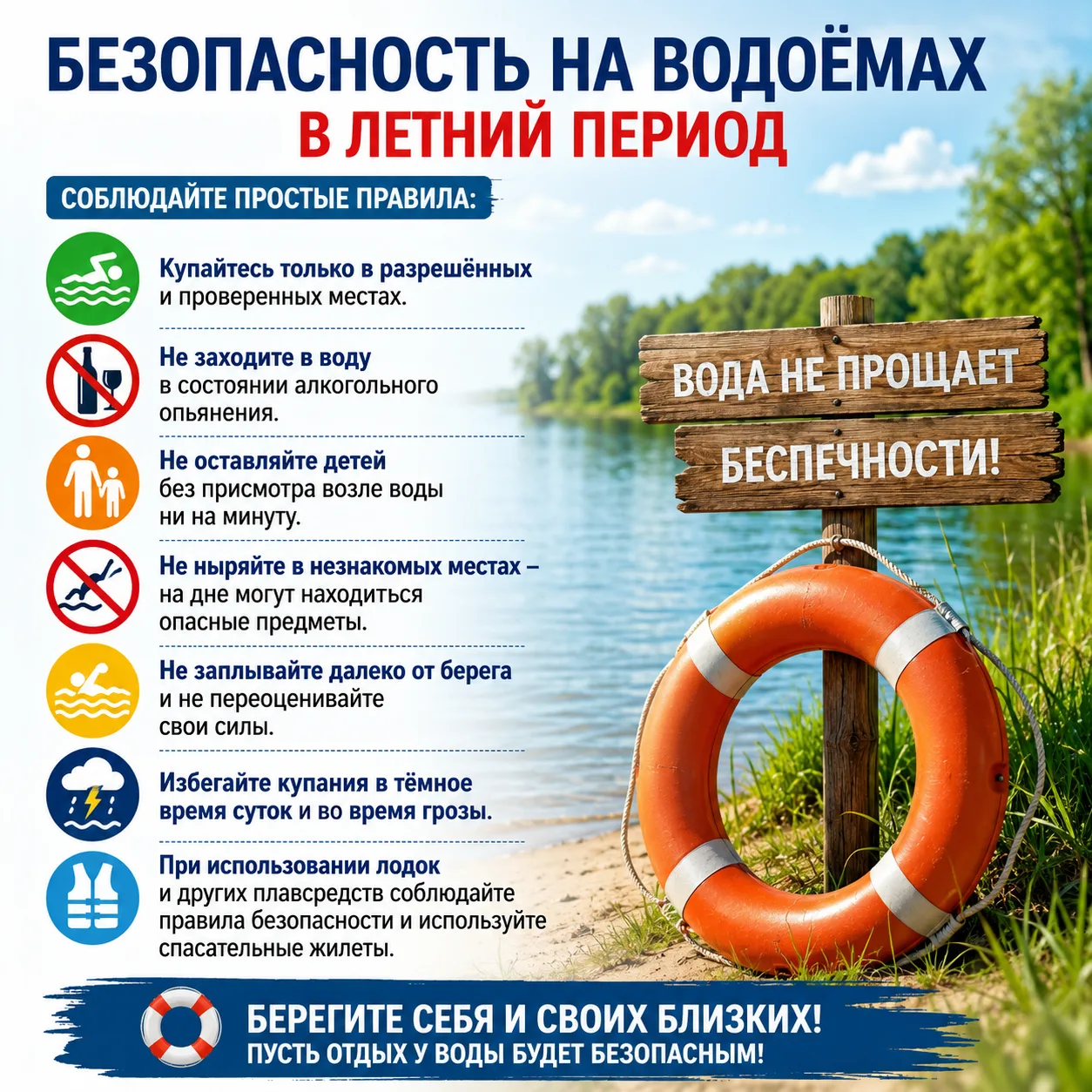 Безопасность на водоёмах в летний период

Лето — время отдыха у воды, но важно помнить, что водоёмы 