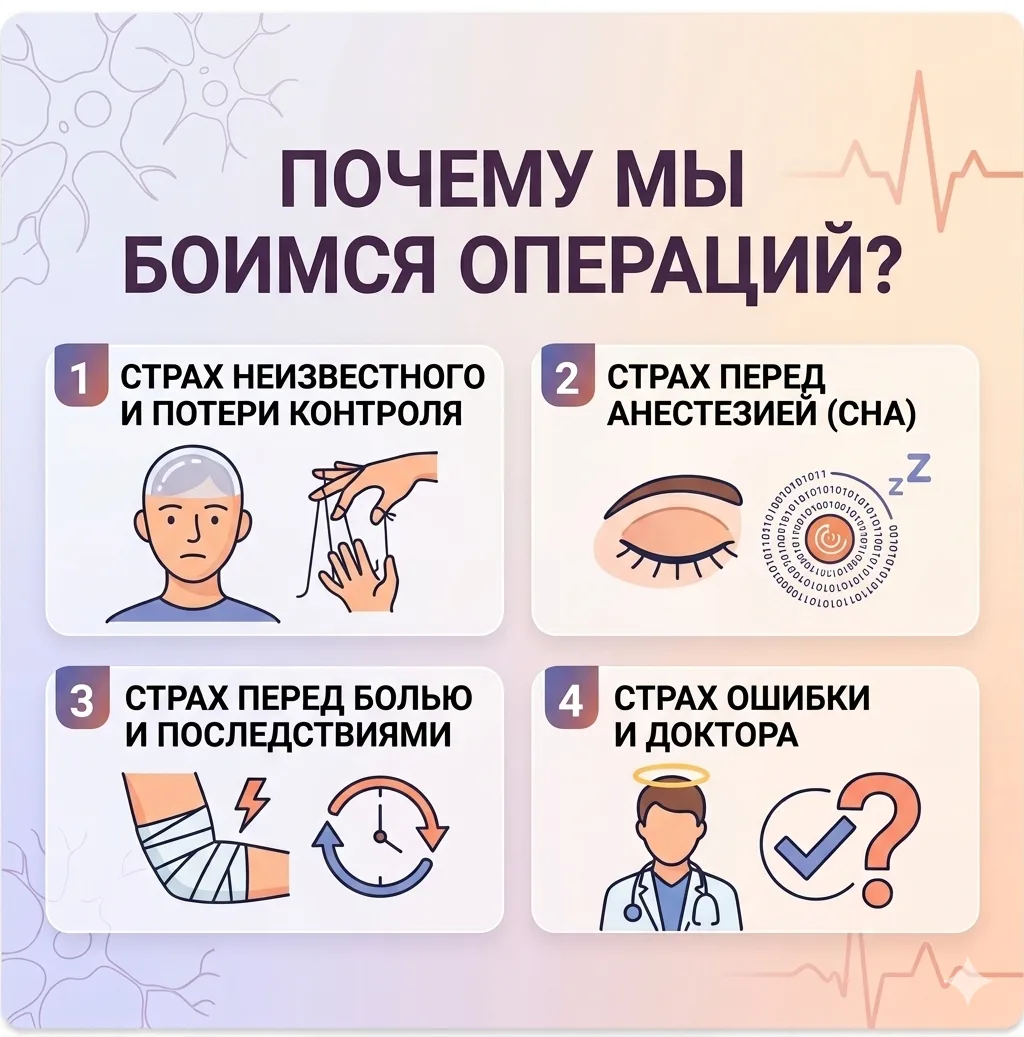 Коротко о главном: почему мы боимся операций? 🩺

    Потеря контроля ⛓️ — пугает необходимость полн