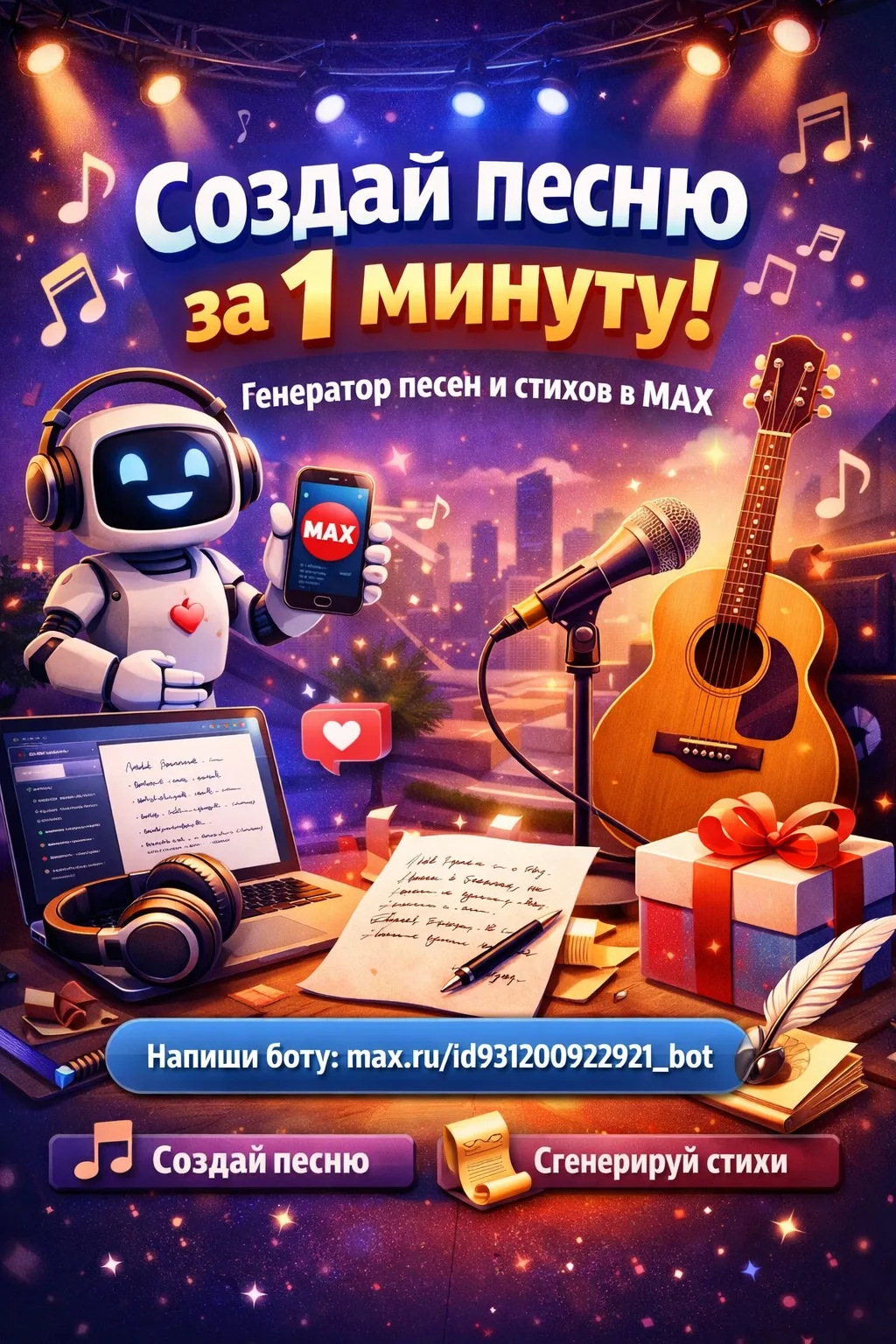 Создать песню или сделать песню за 1 минуту — легко!

Хочешь удивить близкого человека или подарить 