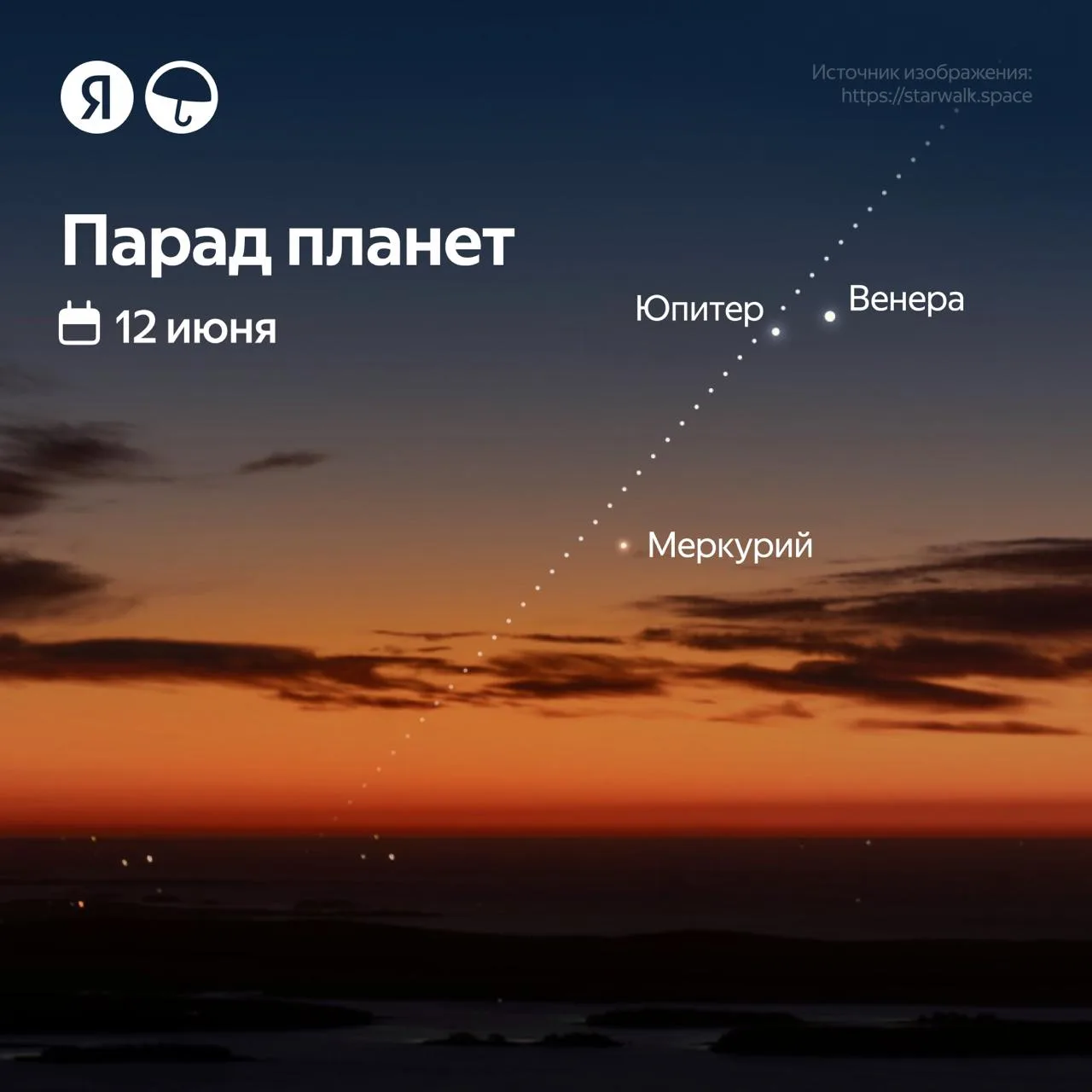 Малый парад планет: 12 июня 🪐

Сегодня, 12 июня после заката у западного горизонта по диагонали выс