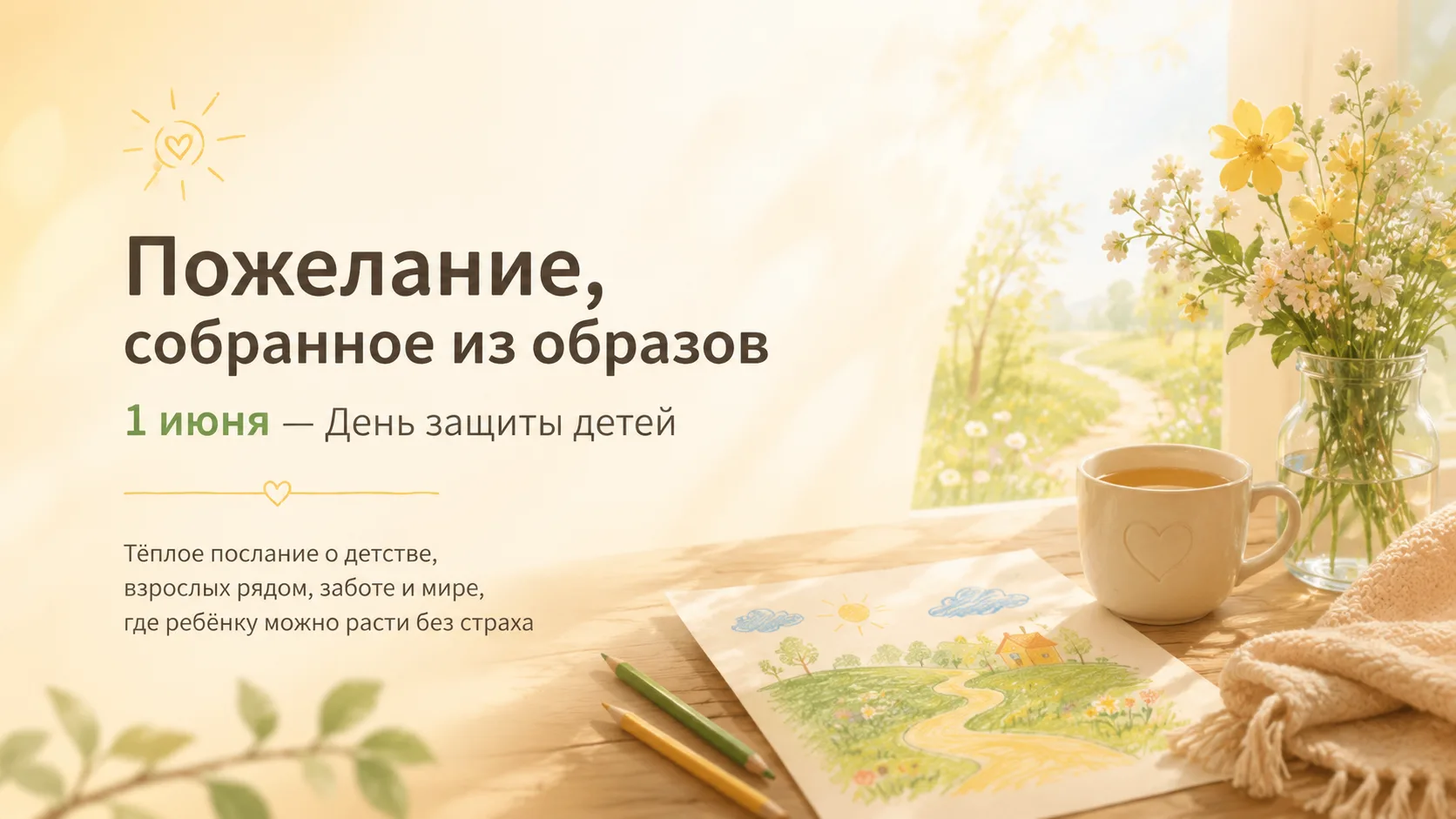 Пожелание, собранное из образов

1 июня — День защиты детей.

Для специалистов сферы защиты детства 