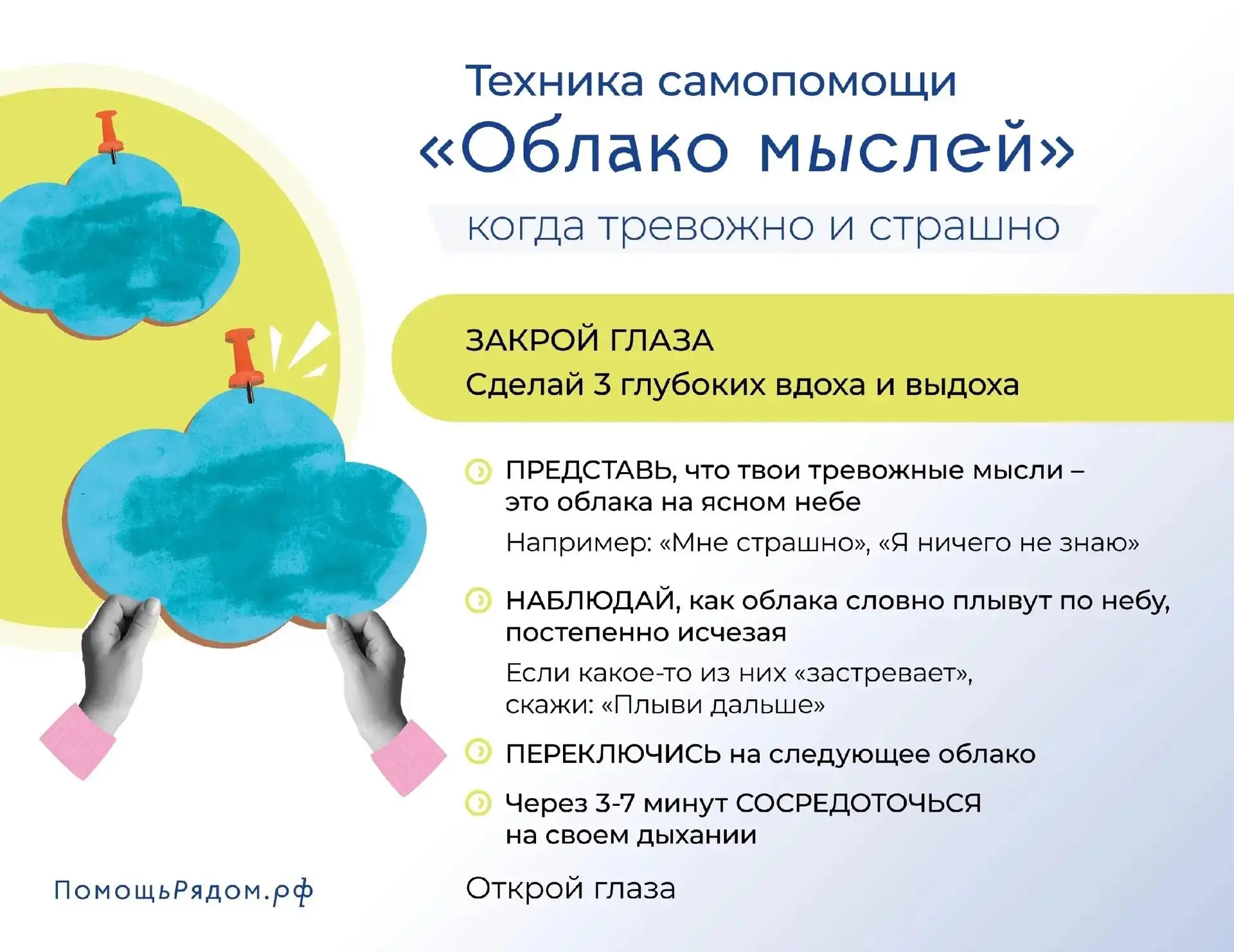 Техника самопомощи
ОБЛАКО МЫСЛЕЙ
когда тревожно и страшно

«Облака – белогривые лошадки, 
Облака, чт