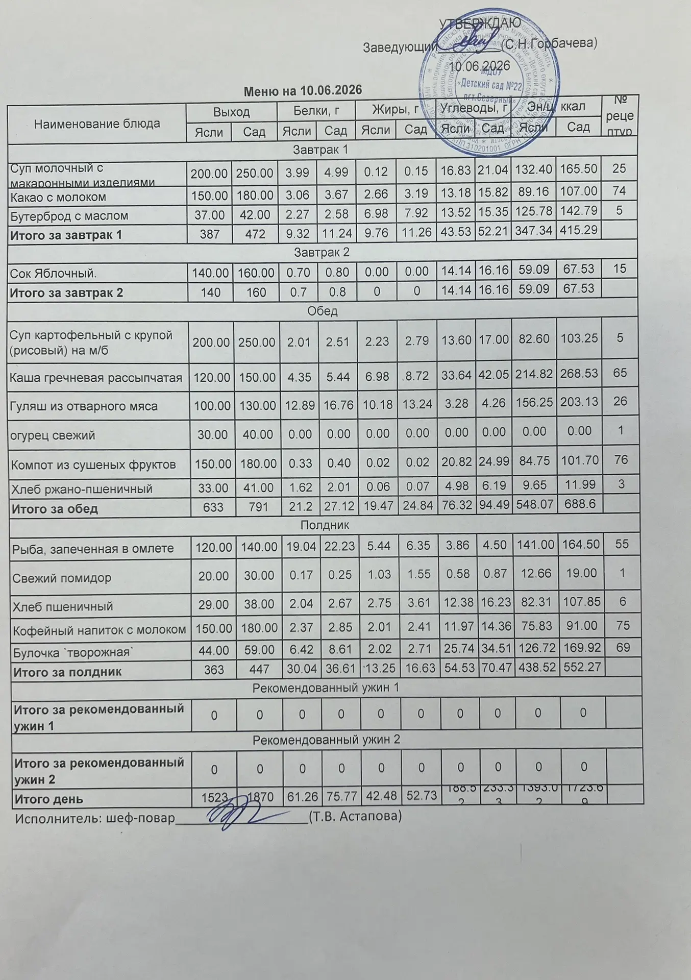 Предлагаем вашему вниманию 👆👀 меню на  10. 06. 2026 г.