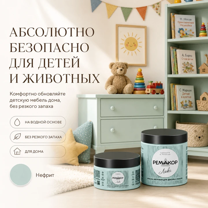 Обновить мебель можно без покупки новой — достаточно выбрать свой оттенок РЕМАКОР Люкс.
На карточках