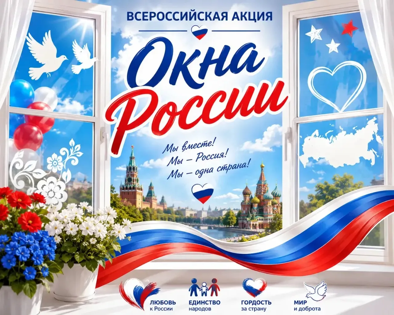 🇷🇺Всероссийская акция «Окна России» проходит по всей стране с 1 по 12 июня 2026 года!
🕊️Украшайте