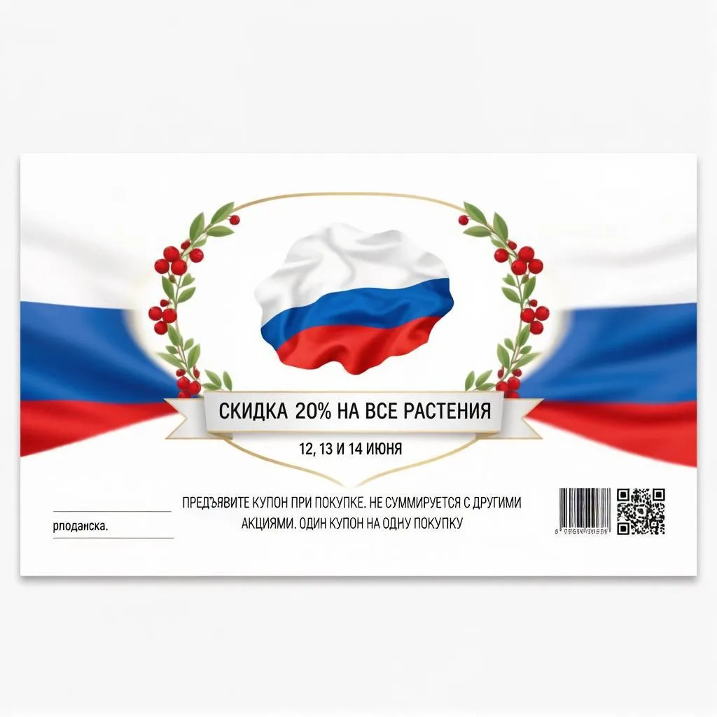 Дорогие друзья!

Поздравляем вас с Днём России!

Предъявите купон в нашем садовом центре 12, 13 или 