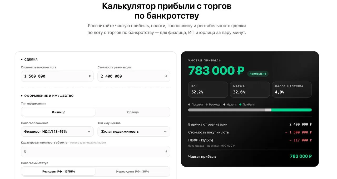 Запустили калькулятор прибыли по торгам банкротства!

С его помощью вы за несколько минут рассчитает