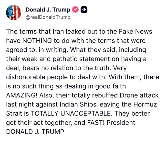 ❌❌❌ ИРАН ВРЁТ ТРАМП!

Пунктуацию поставьте сами...

Условия, которые Иран слил в прессу, не имеют ни