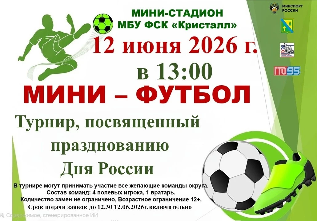🗓 12 июня 2026 года на мини‑стадионе МБУ ФСК «Кристалл» пройдёт турнир по мини‑футболу⚽, посвящённы