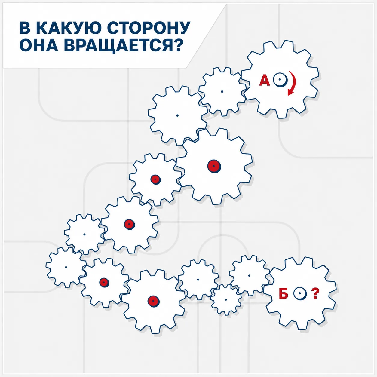 Теперь вам не отвертеться ⚙️ 🙃 

Итак, в какую сторону крутится шестерёнка Б — по часовой стрелке и