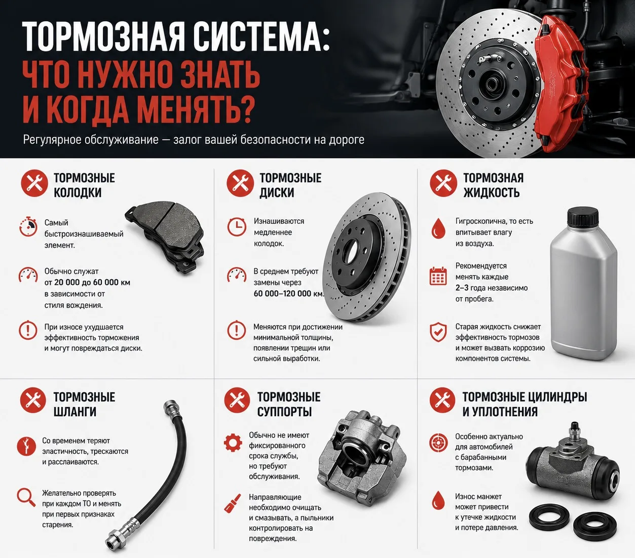🛠 Тормозная система работает как единый механизм, и износ даже одного элемента может повлиять на эф