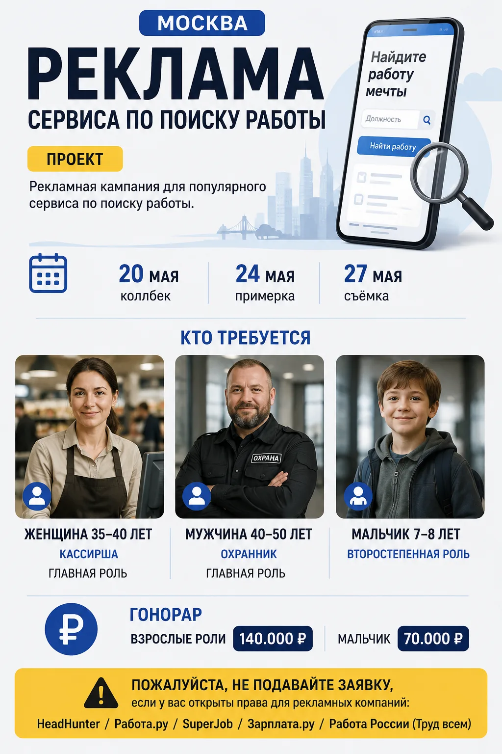 МОСКВА 

Реклама Сервиса для поиска работы.

Важные даты:
▪️20 мая - коллбек
▪️24 мая - примерка 
▪️