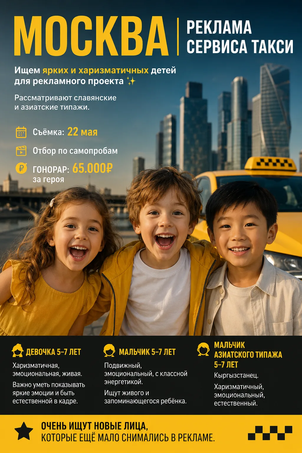 Москва! Для рекламы сервиса такси ищем героев. Славянские и азиатские типажи 

Даты: 
Выбираем по са